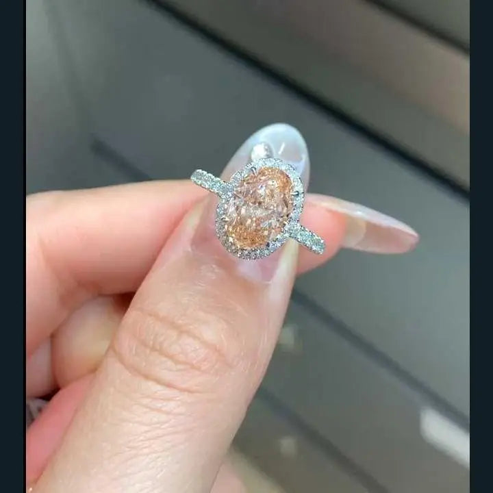 3 Carat Oval Peach Lab Grown Diamond Ring in 14K Gold, top view - Future Jewelry