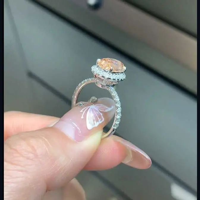 3 Carat Oval Peach Lab Grown Diamond Ring in 14K Gold, close-up - Future Jewelry