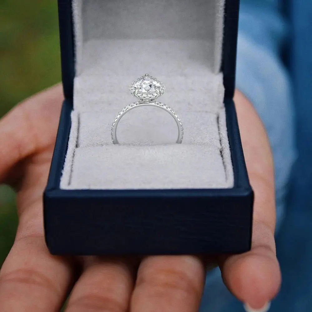 3 Carat Pear Cut Diamond Ring in a jewelry box