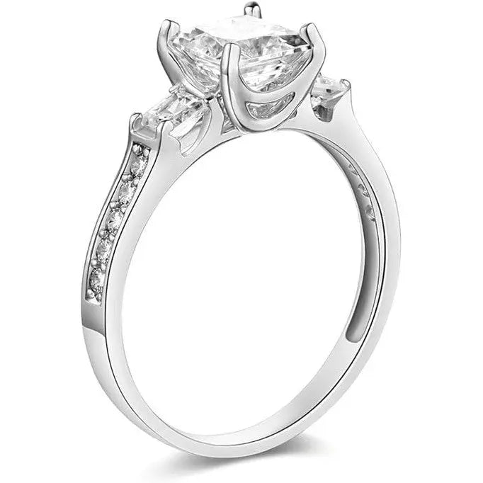 3 Carat Princess Cut Diamond Ring 14K White Gold in a white background ring is standing