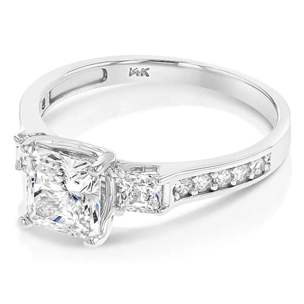 3 Carat Princess Cut Diamond Ring 14K White Gold 3 in a white background sitting on ground