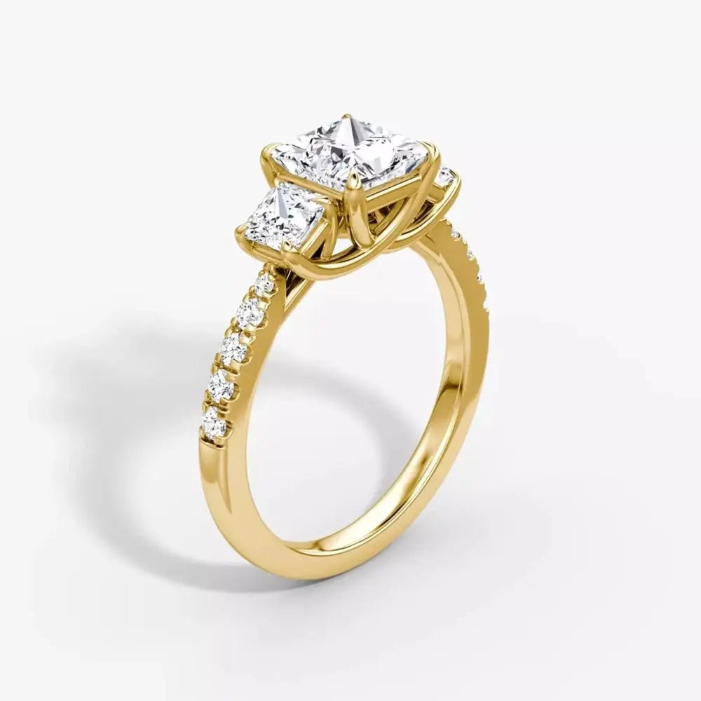 3 Carat Princess Cut Lab Grown Diamond Three Stone Engagement Ring in 14K Yellow Gold - Future Jewelry