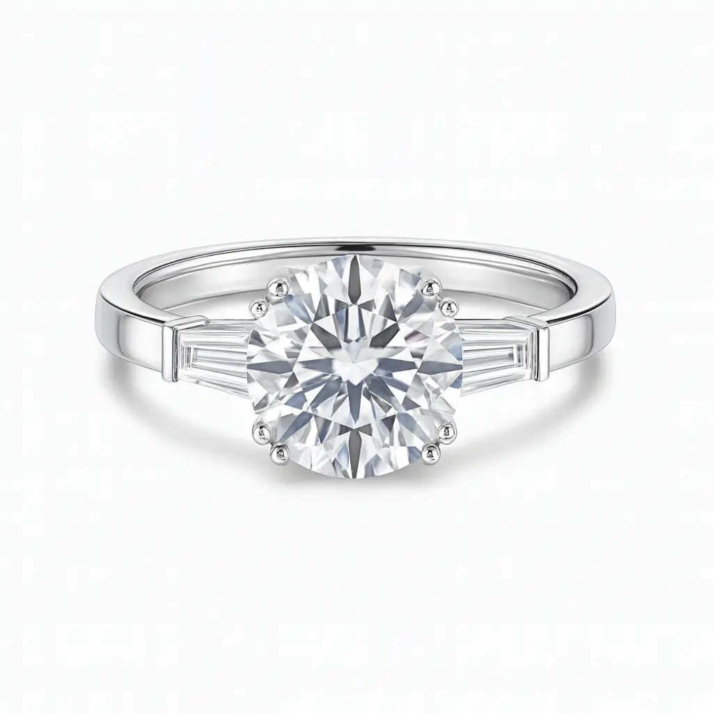 Diamond ring with a white gemstone on a white background