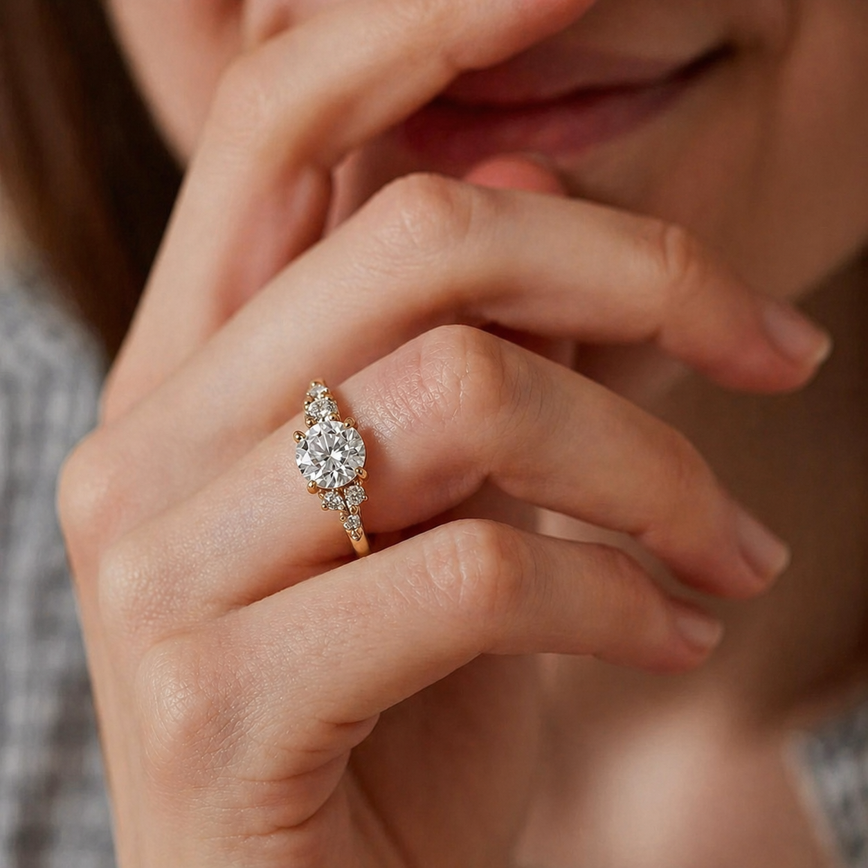 Close-up of a hand wearing a diamond ring with a blurred background