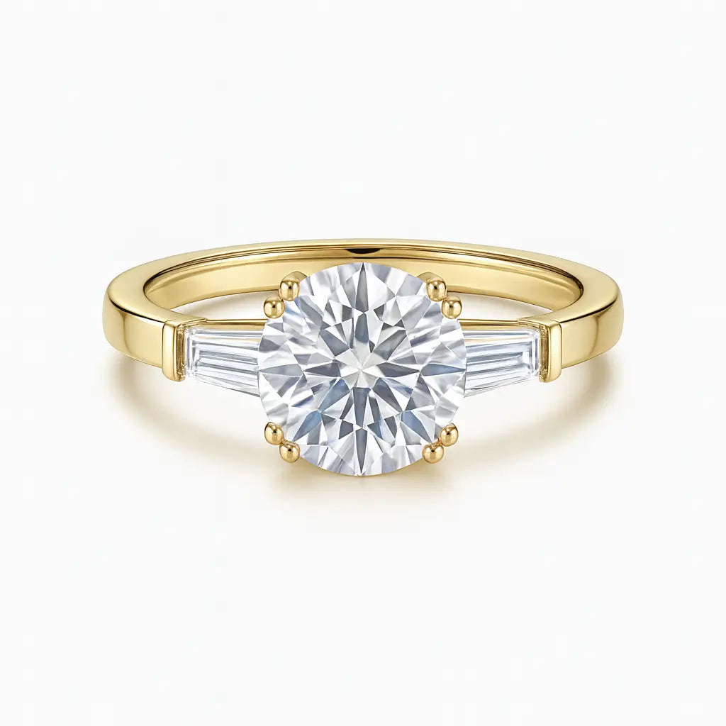 Gold ring with a large diamond and smaller diamonds on the sides against a white background