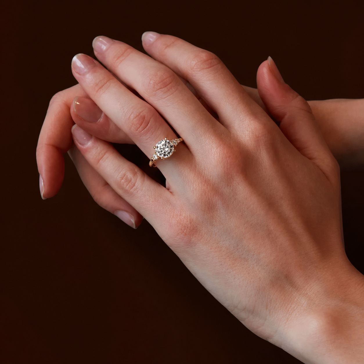Close-up of a hand wearing a diamond ring on a dark background