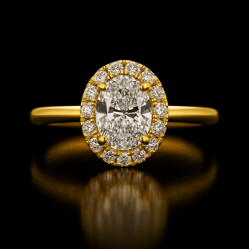 Gold ring with a large diamond and smaller diamonds around on a black background