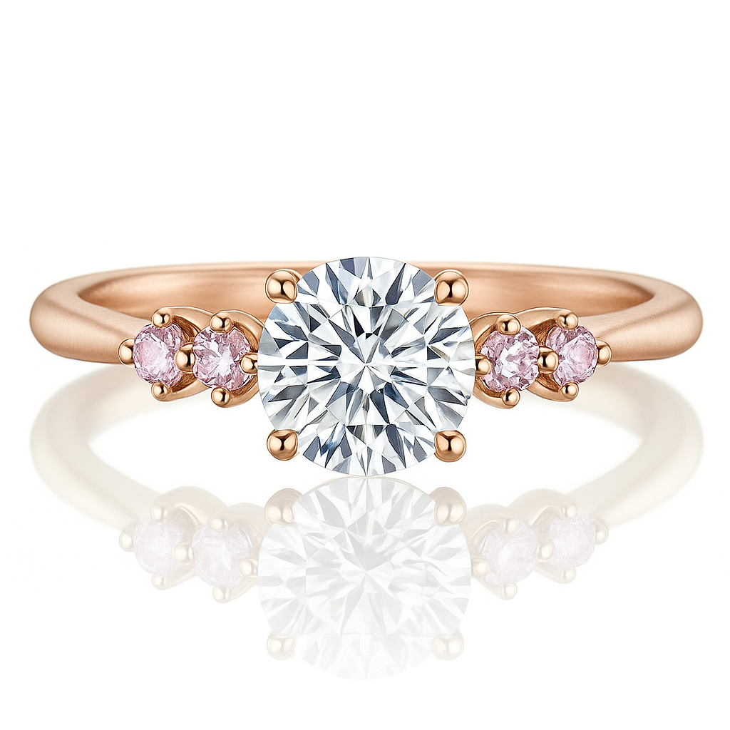 Rose gold ring with a large diamond and smaller pink diamonds on a white background