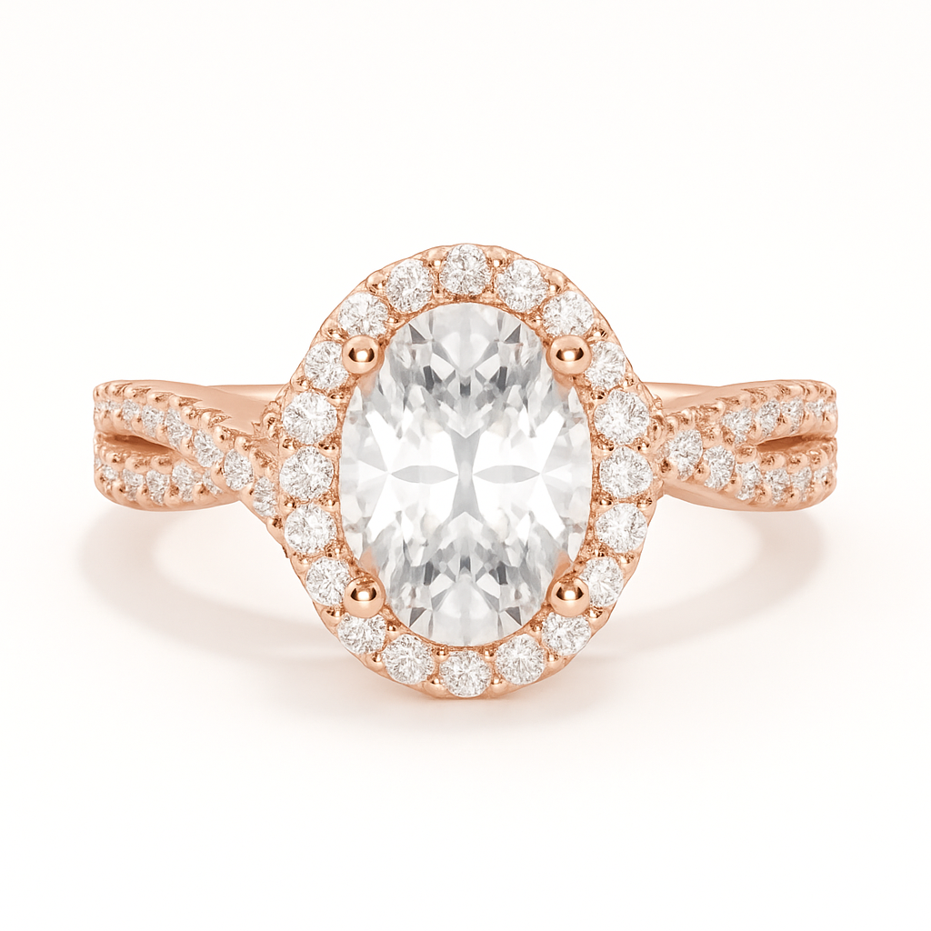 Rose gold ring with a large central diamond and smaller diamonds around on a white background