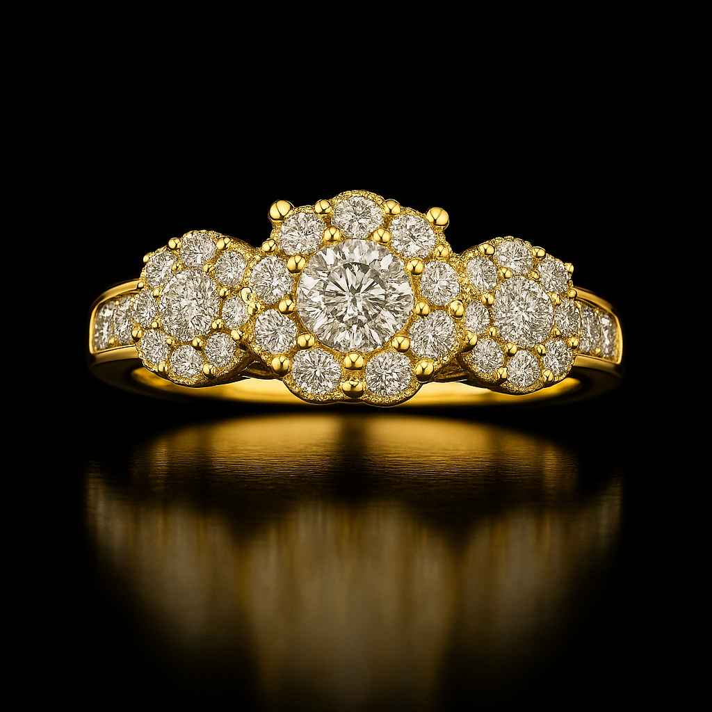 Gold ring with diamond accents on a black background