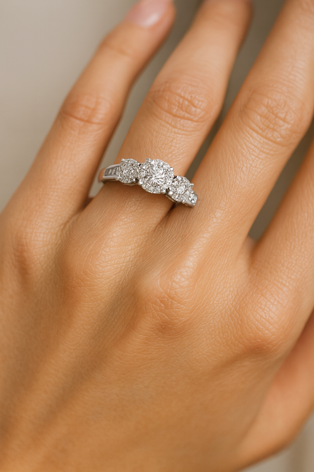 Silver ring with diamonds on a person's finger against a neutral background