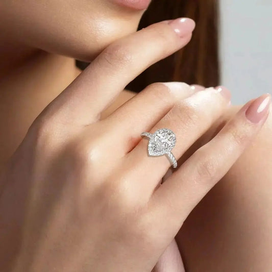 3.75 Carat Pear Cut Lab Grown Diamond Halo Engagement Ring in 14K White Gold - Future Jewelry