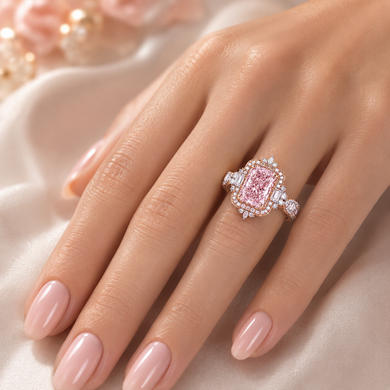 Future Jewelry™ 3 Carat Pink Radiant Lab Grown Diamond Halo Engagement Ring in 14K White & Rose Gold | VS1 | F Color Accent Diamonds | IGI or GIA Certified | Limited Edition 1 of 34 Ever Made