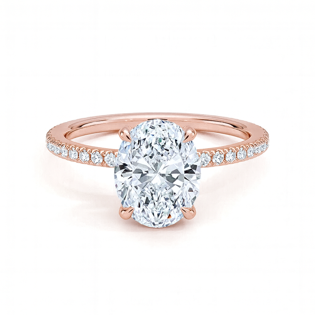 3 Carat Oval Lab Grown Diamond Ring in 18K Rose Gold with Hidden Halo 