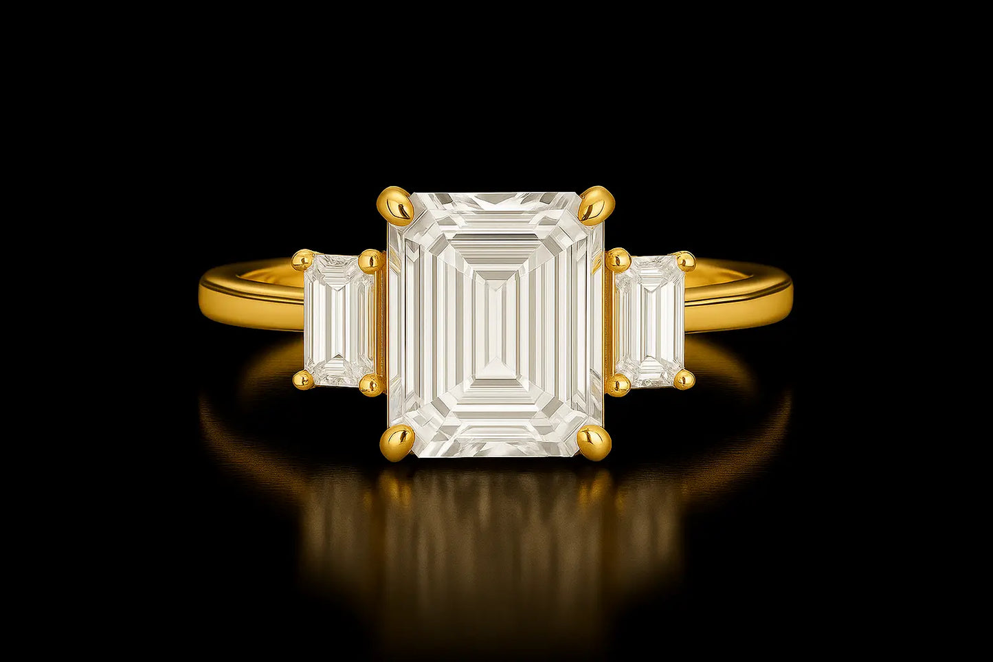 Gold ring with a rectangular diamond on a black background