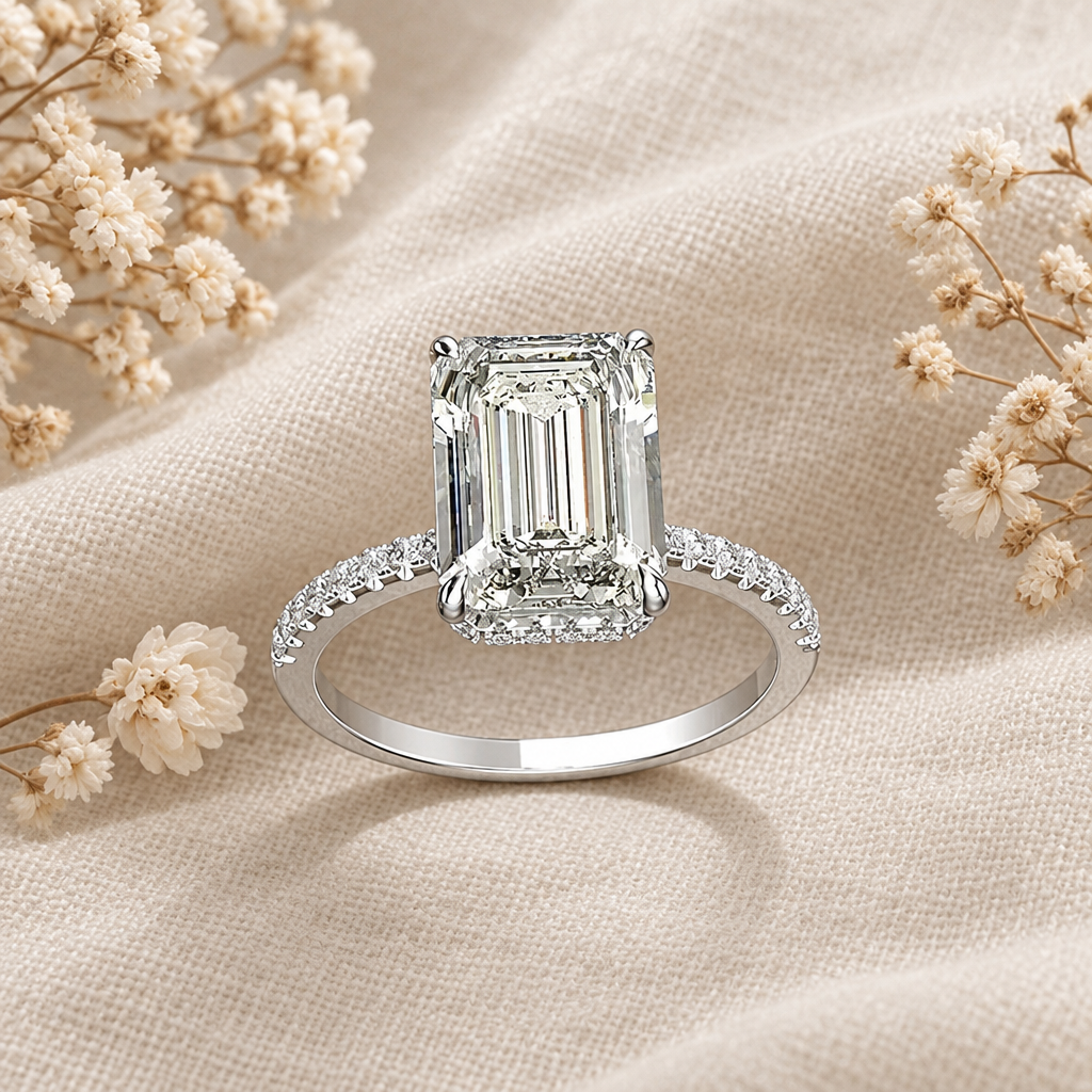4 Carat Emerald Cut Lab Grown Diamond Engagement Ring in 14K White Gold styled view - Future Jewelry