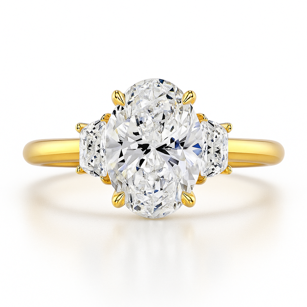 Gold ring with three oval-shaped diamonds on a white background