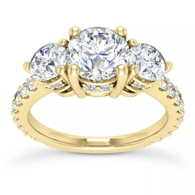 4.10 Carat Round Cut Lab Grown Diamond Three Stone Engagement Ring in 14K Yellow Gold, E VS1 Certified - Future Jewelry