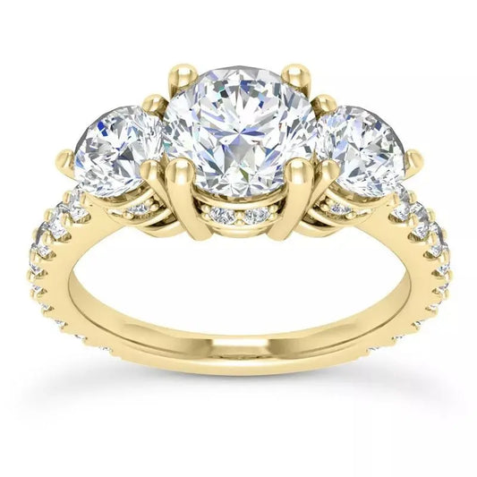 4.10 Carat Round Cut Lab Grown Diamond Three Stone Engagement Ring in 14K Yellow Gold, E VS1 Certified - Future Jewelry