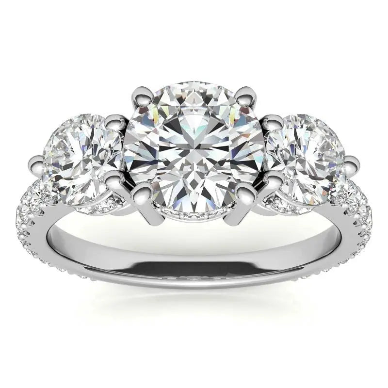 4.10 Carat Round Cut Lab Grown Diamond Three Stone Engagement Ring in 14K Yellow Gold, E VS1 Certified - Future Jewelry