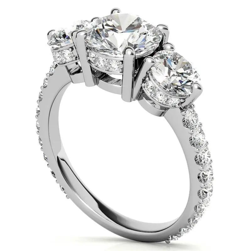 4.10 Carat Round Cut Lab Grown Diamond Three Stone Engagement Ring in 14K Yellow Gold, E VS1 Certified - Future Jewelry
