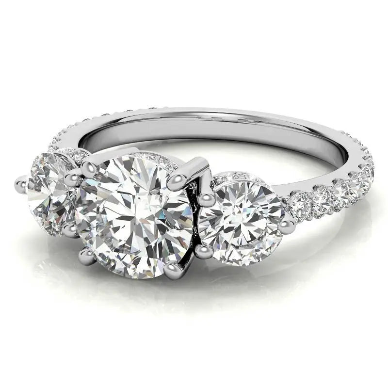 4.10 Carat Round Cut Lab Grown Diamond Three Stone Engagement Ring in 14K Yellow Gold, E VS1 Certified - Future Jewelry