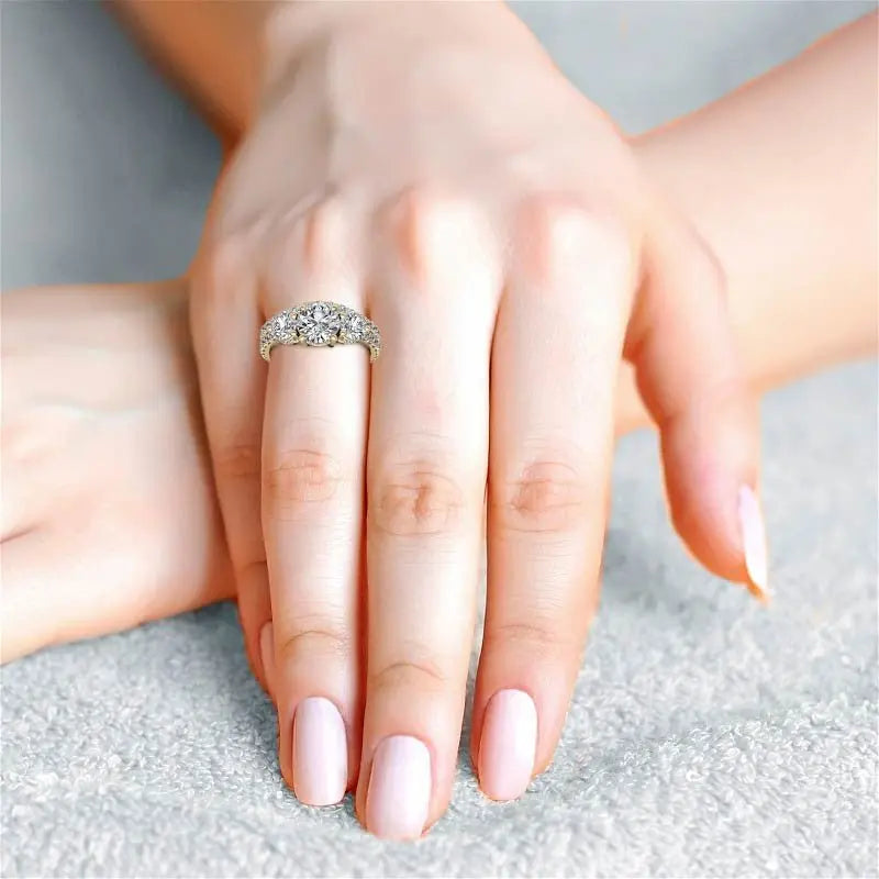 4.10 Carat Round Cut Lab Grown Diamond Three Stone Engagement Ring in 14K Yellow Gold, E VS1 Certified - Future Jewelry