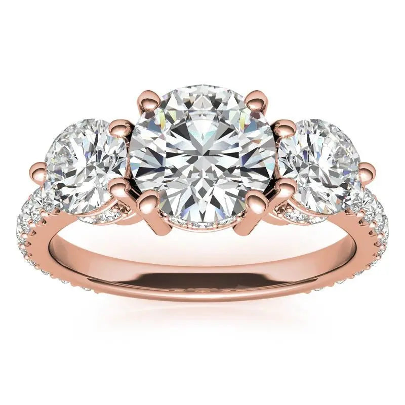 4.10 Carat Round Cut Lab Grown Diamond Three Stone Engagement Ring in 14K Yellow Gold, E VS1 Certified - Future Jewelry