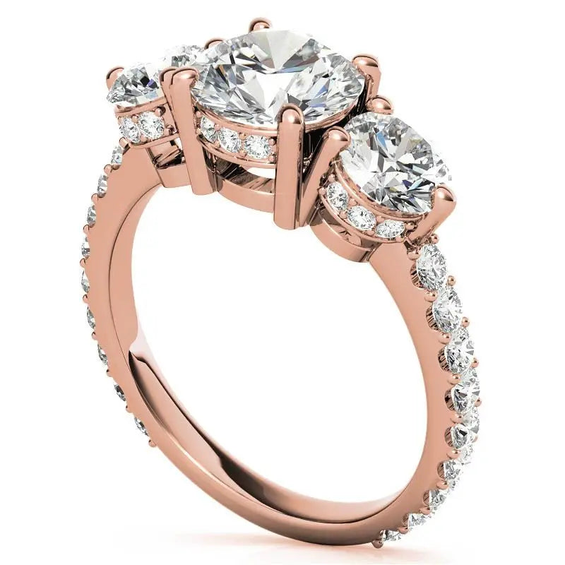 4.10 Carat Round Cut Lab Grown Diamond Three Stone Engagement Ring in 14K Yellow Gold, E VS1 Certified - Future Jewelry