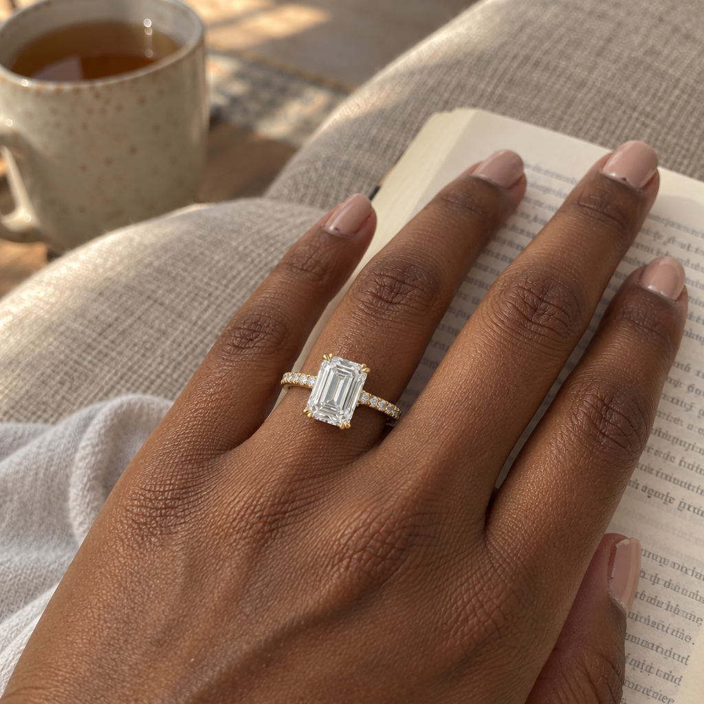 4.50 Carat Emerald Cut Lab Grown Diamond Engagement Ring in 14K Yellow Gold worn on hand - Future Jewelry