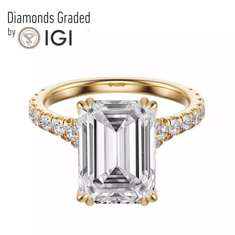 4.50 carat lab grown diamond engagement ring in 14K yellow gold. F VS2 emerald cut delivers clarity and elegance in every glance. - Future Jewelry