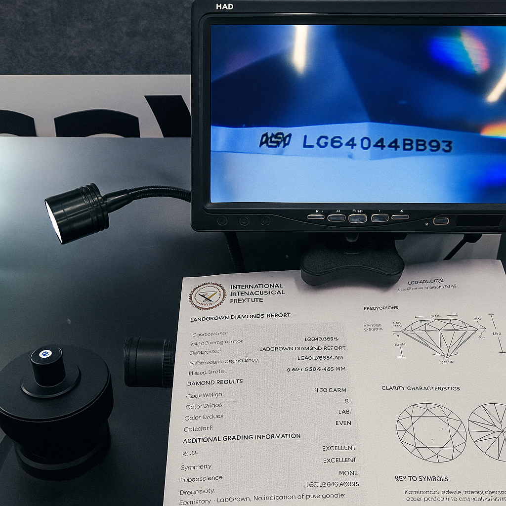 Monitor displaying a certification number with diamond grading report on a table