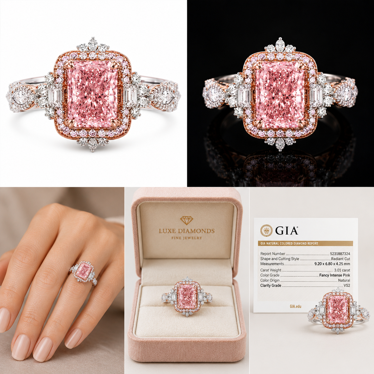 Future Jewelry™ 3 Carat Pink Radiant Lab Grown Diamond Halo Engagement Ring in 14K White & Rose Gold | VS1 | F Color Accent Diamonds | IGI or GIA Certified | Limited Edition 1 of 34 Ever Made