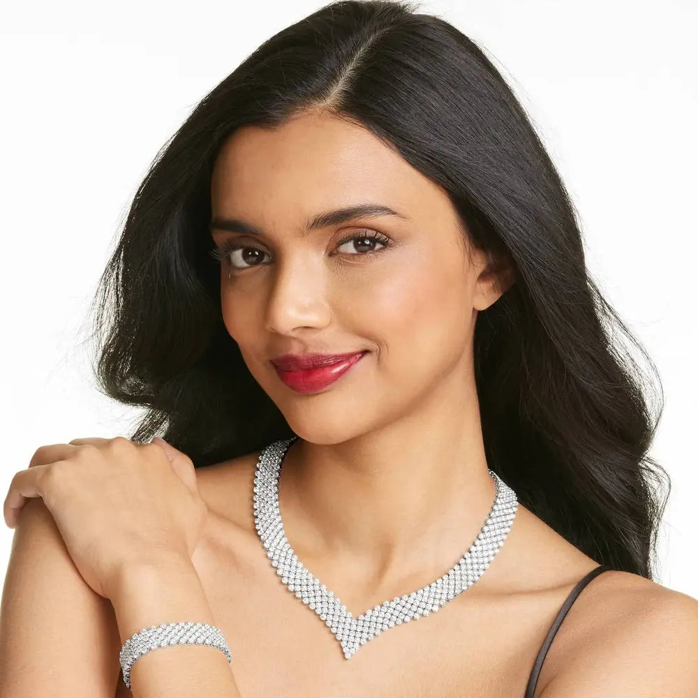 58 Carat Lab Grown Diamond Mesh V Necklace in 14K White Gold, side view - Future Jewelry