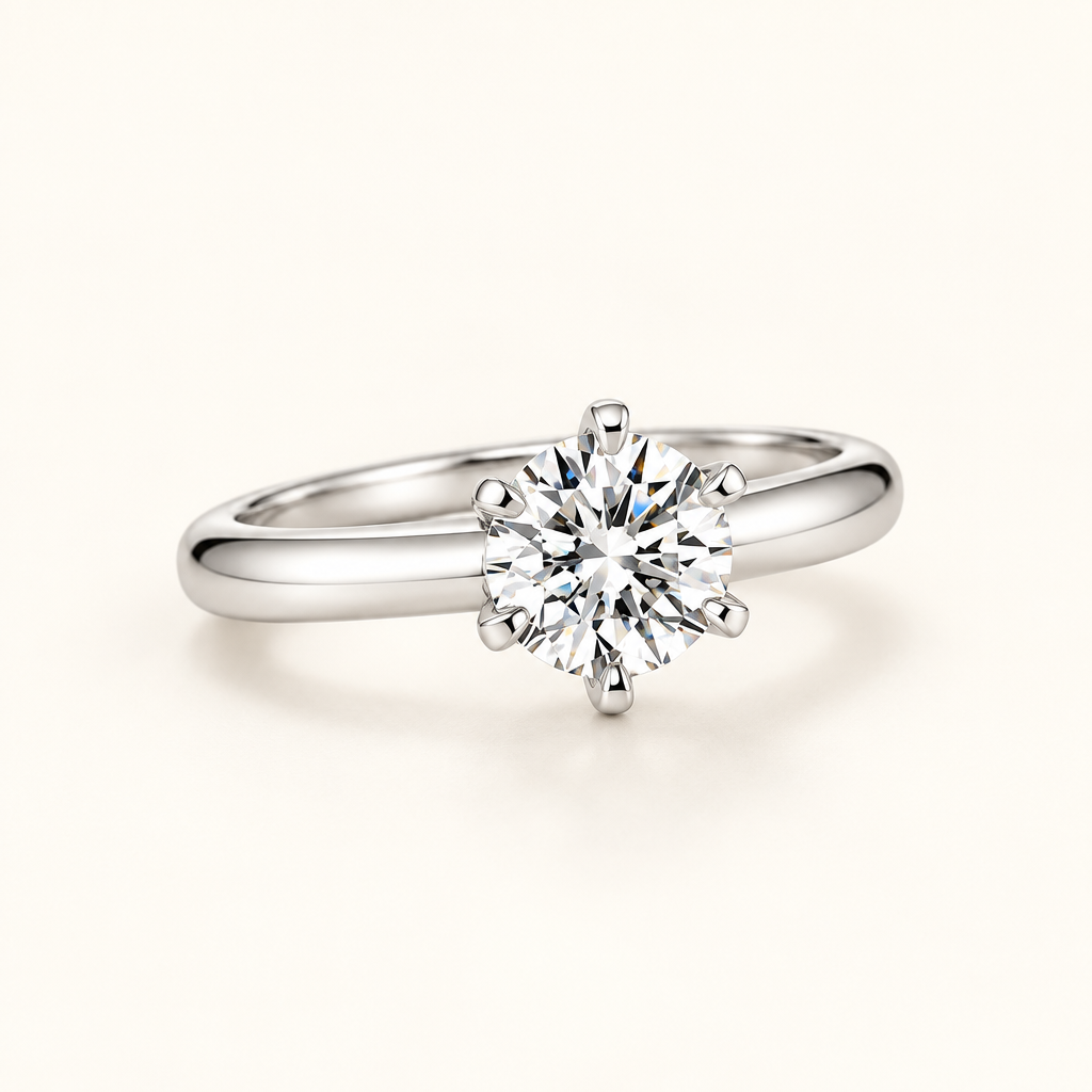 6 Claw Round Lab Grown Diamond Ring in White Gold, front view - Future Jewelry