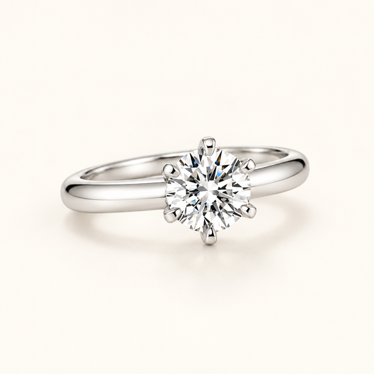 6 Claw Round Lab Grown Diamond Ring in White Gold, front view - Future Jewelry