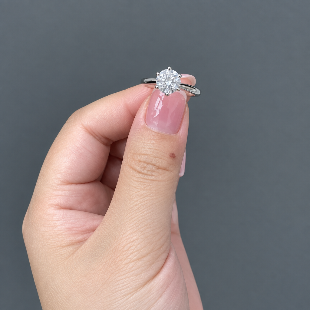 6 Claw Round Lab Grown Diamond Ring in White Gold held in hand - Future Jewelry