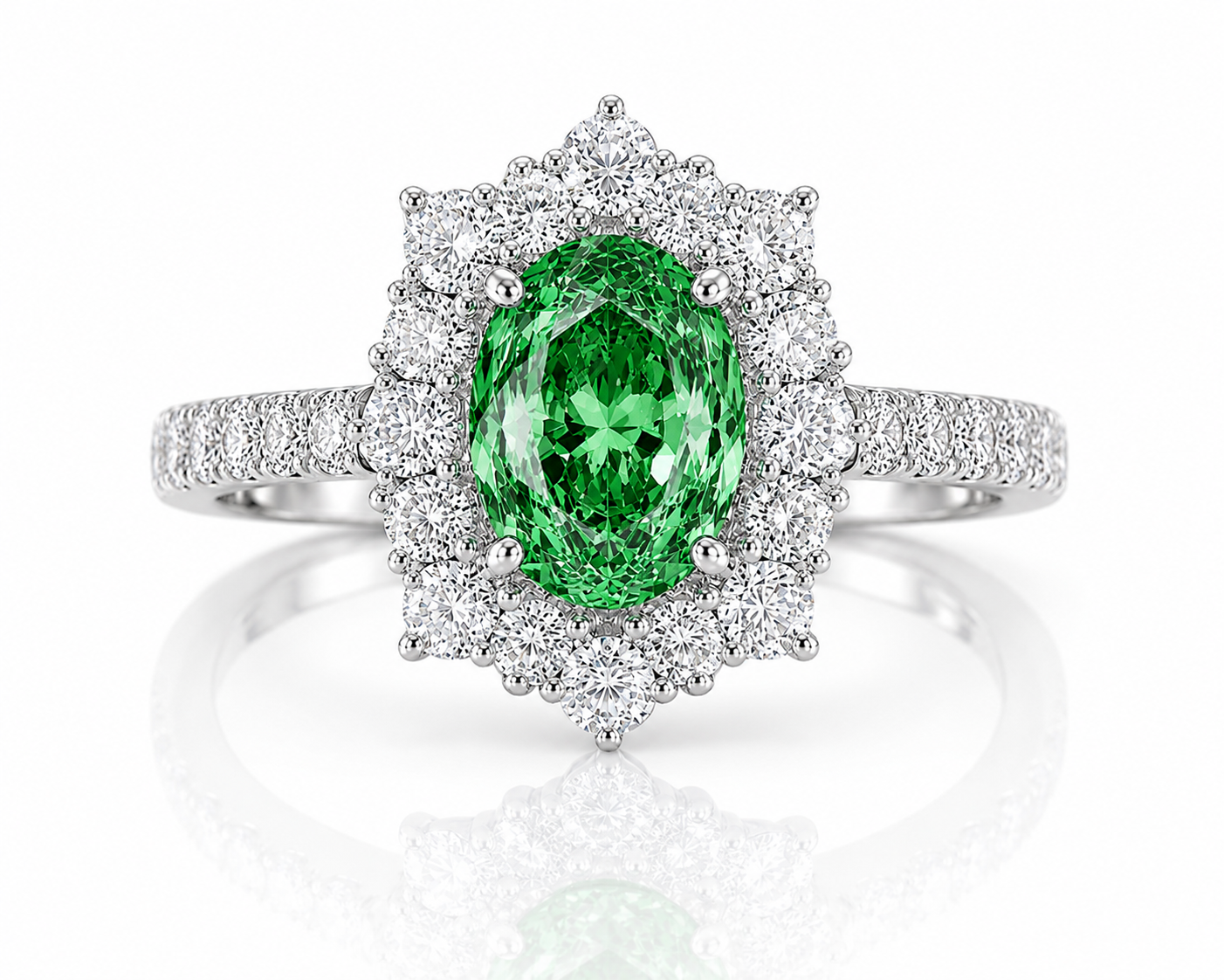 The Crowned Verde Lumière Iconic Jewelry Set – Green & Blue LG Diamond Ring, Necklace & Earrings in 14K White Gold – Limited Collector Edition