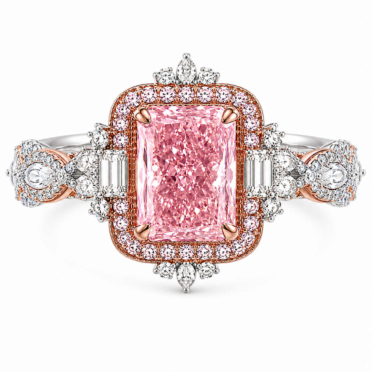 Future Jewelry™ 3 Carat Pink Radiant Lab Grown Diamond Halo Engagement Ring in 14K White & Rose Gold | VS1 | F Color Accent Diamonds | IGI or GIA Certified | Limited Edition 1 of 34 Ever Made