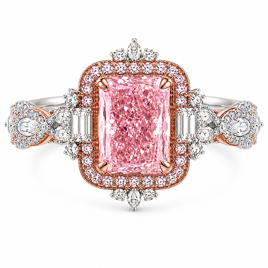 3 Carat Diamond Ring | Pink Radiant Lab Grown Diamond Halo Engagement Ring in 14K White and Rose Gold - Future Jewelry