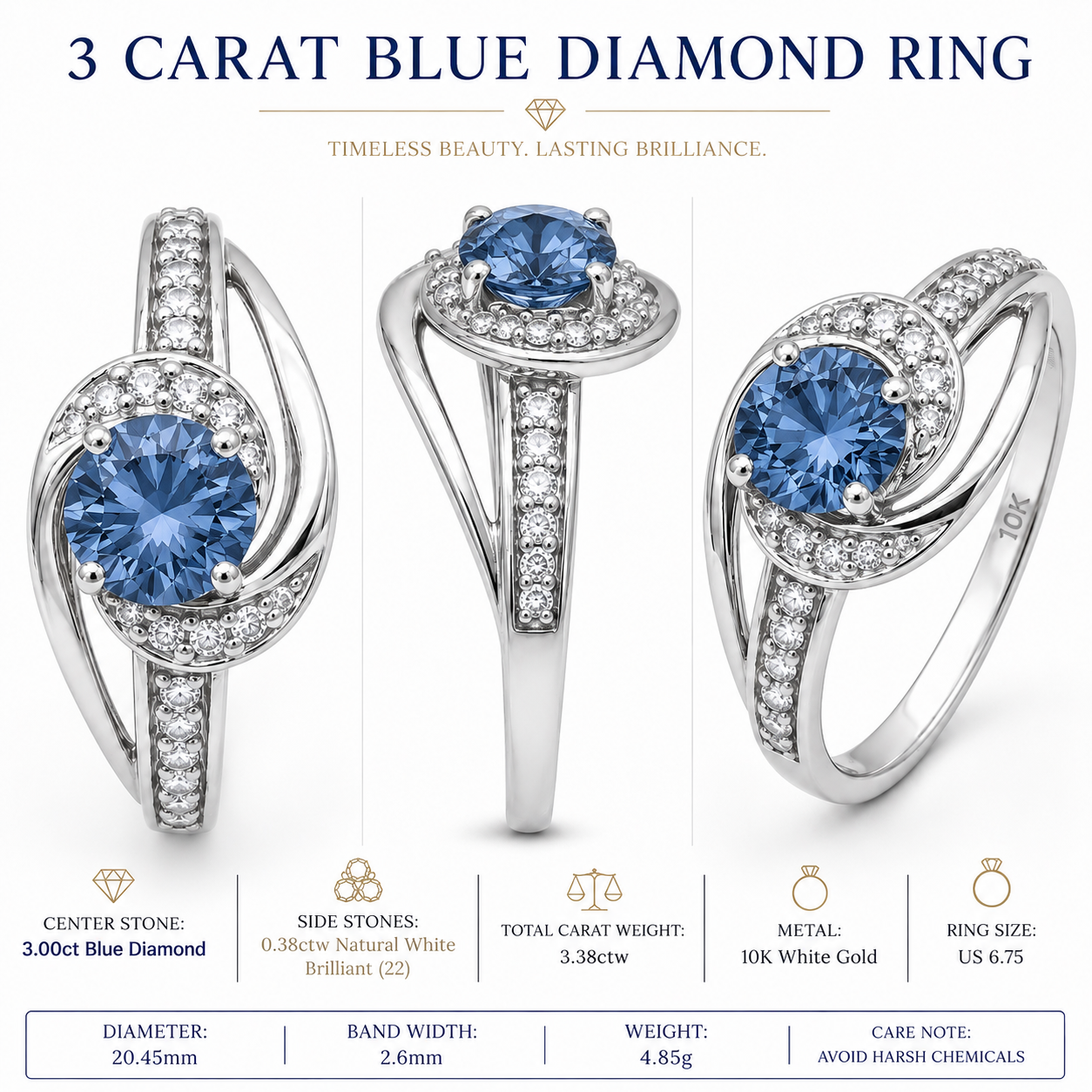Limited Edition 3 Carat Blue Lab Grown Diamond Ring in 10K White Gold | IGI Certified | Future Jewelry Certified™ | 1 of 6 Ever Made