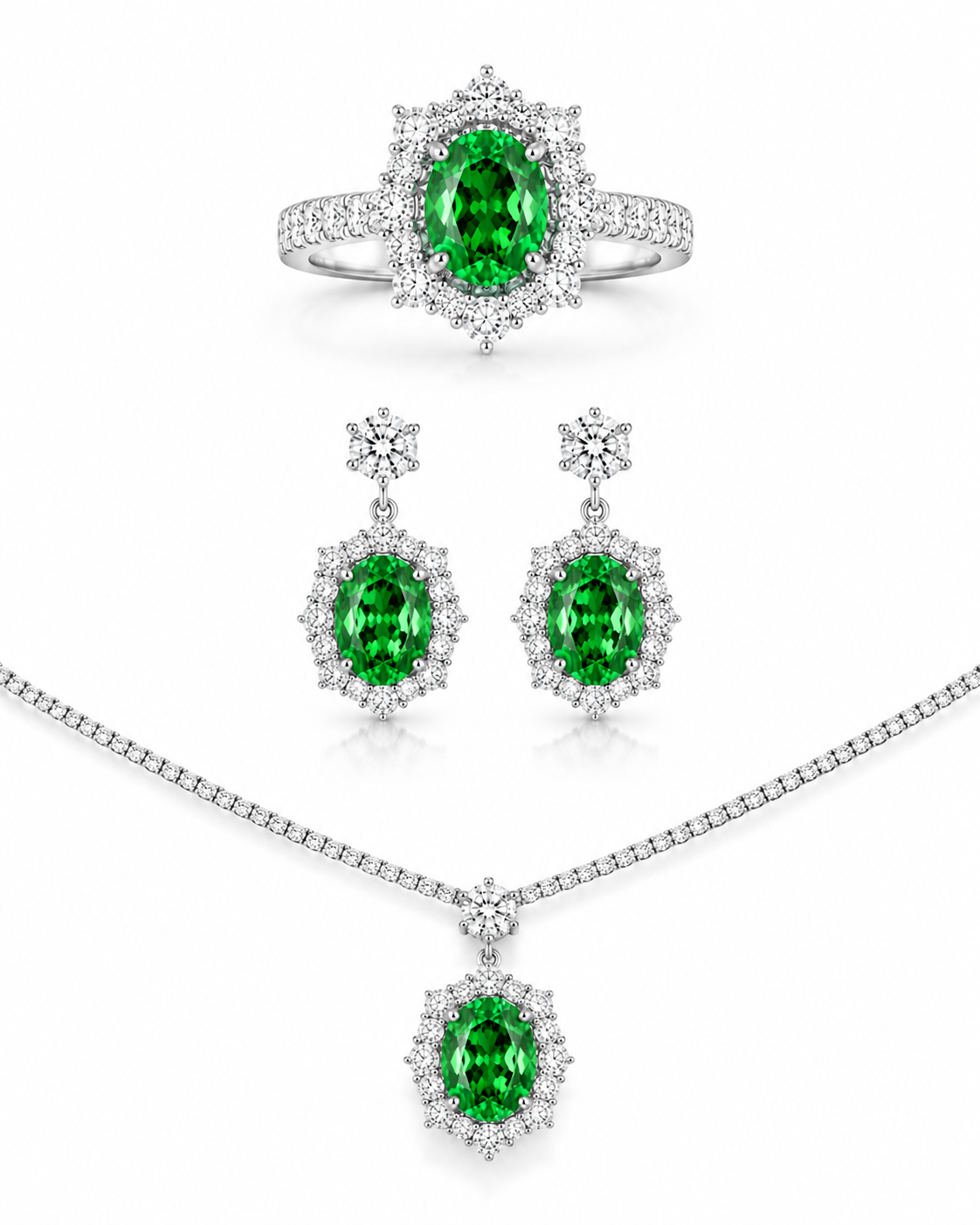 The Crowned Verde Lumière Iconic Jewelry Set – Green & Blue LG Diamond Ring, Necklace & Earrings in 14K White Gold – Limited Collector Edition