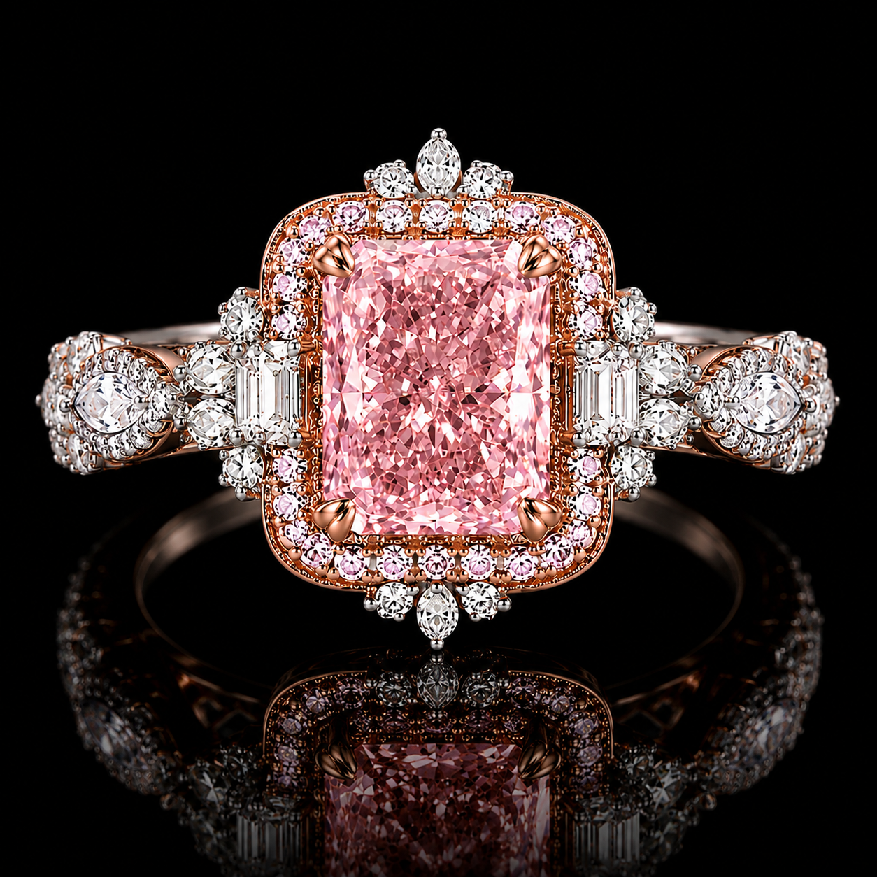 Future Jewelry™ 3 Carat Pink Radiant Lab Grown Diamond Halo Engagement Ring in 14K White & Rose Gold | VS1 | F Color Accent Diamonds | IGI or GIA Certified | Limited Edition 1 of 34 Ever Made