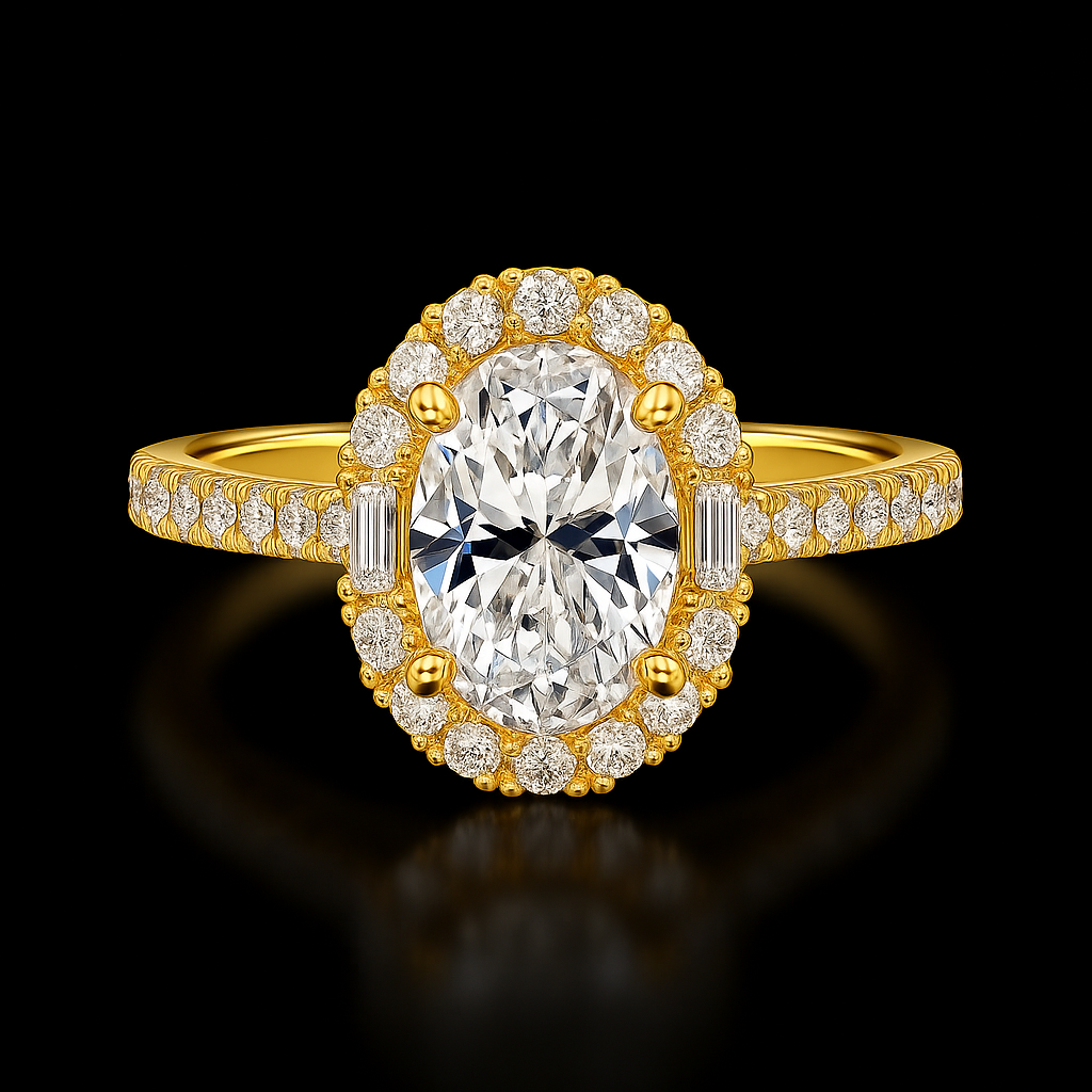 Gold ring with a large diamond and smaller diamonds on a black background