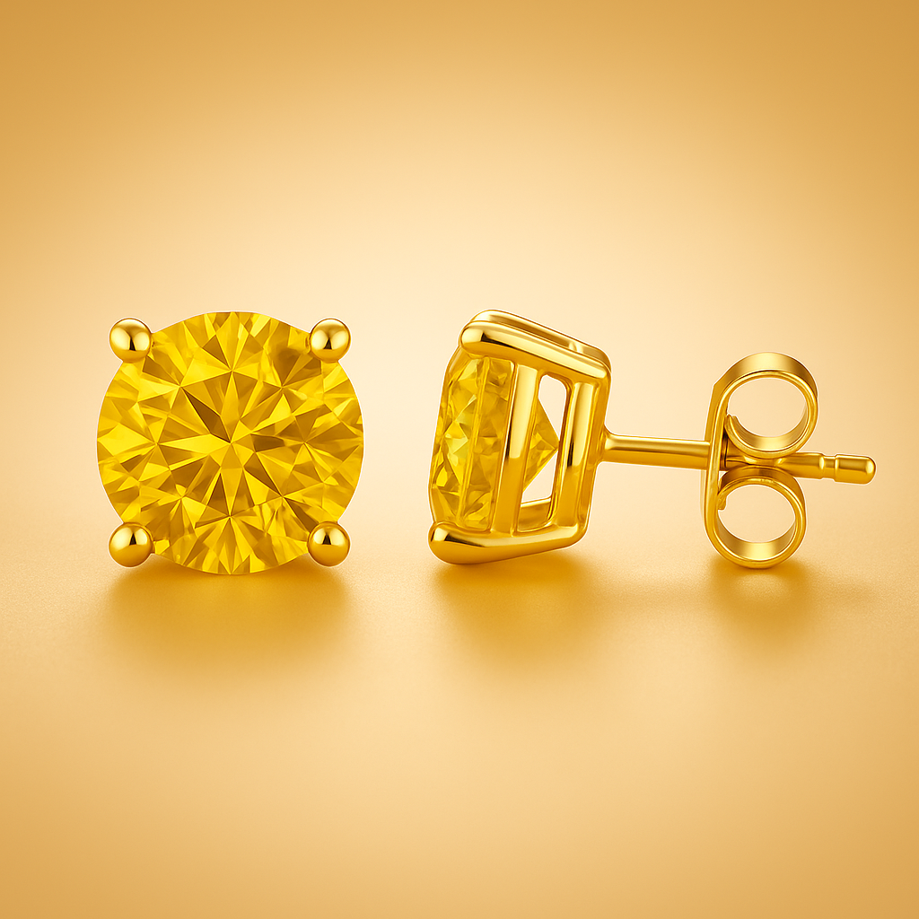 1.00 Carat Fancy Yellow Round Diamond Studs in 14k Gold Lab Earrings