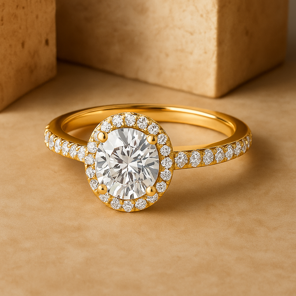 Gold ring with a large diamond and smaller diamonds on a beige background