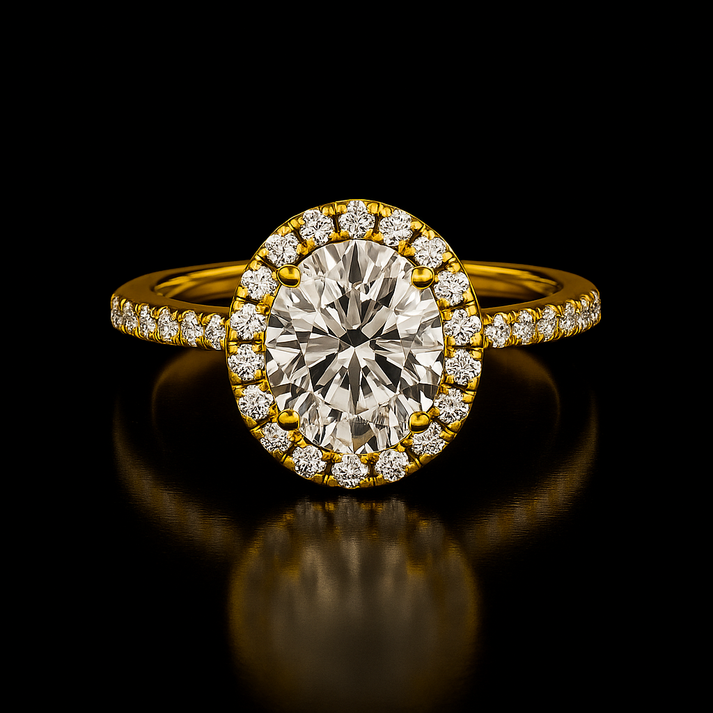 Gold ring with a large diamond and smaller diamonds around on a black background