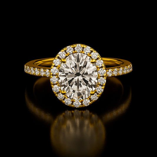 Gold ring with a large diamond and smaller diamonds around on a black background