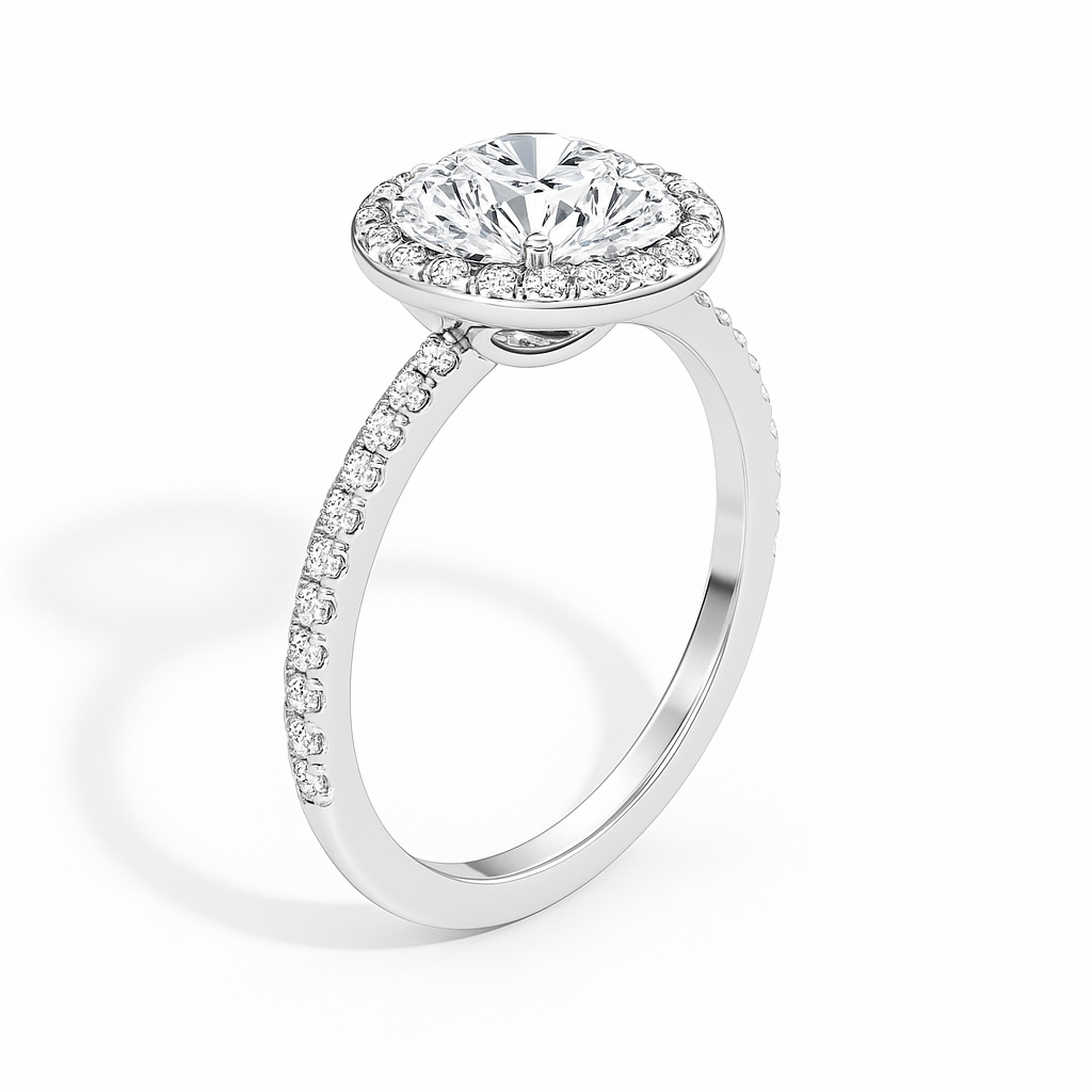 Diamond ring with a halo setting on a white background