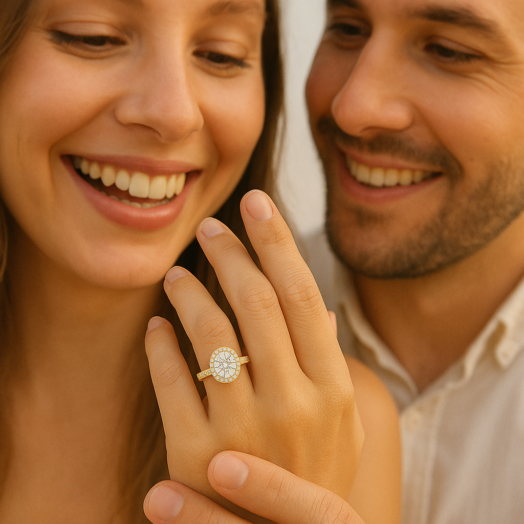 Close-up of a couple with a woman wearing an engagement ring, smiling.